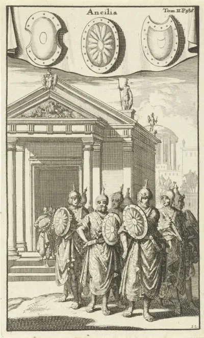 Gewapende Romeinse soldaten verlaten een tempel