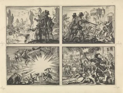 Gewapende Spanjaarden kijken vanaf rotsen neer op geheel wild levende mensen, ca. 1600 / Moord op hervormden te Tirano, 1620 / Rijtuig en de paarden van koning Lodewijk XIII door ontploffing van een helse machine vernield, ca. 1625 / Strijd der Russe