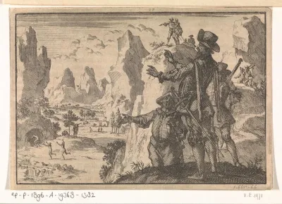 Gewapende Spanjaarden kijken vanaf rotsen neer op geheel wild levende mensen, ca. 1600