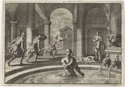 Gewapende vijanden slaan op de vlucht wanneer zij Herodes na zijn overwinning op het leger van Antigonus in bad zien