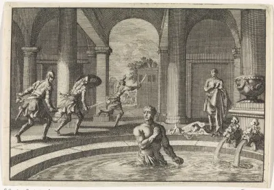 Gewapende vijanden slaan op de vlucht wanneer zij Herodes na zijn overwinning op het leger van Antigonus in bad zien