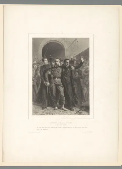 Gewonde man ondersteund door geestelijken, 30 april 1849