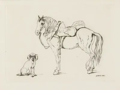 Gezadeld paard en een hond