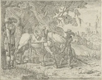 Gezadeld paard met soldaten