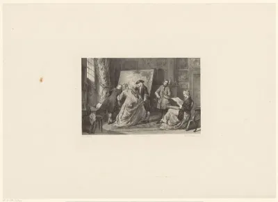 Gezelschap bewondert een schilderij en tekeningen