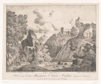 Gezelschap bij grafmonument in berglandschap met ruïnes