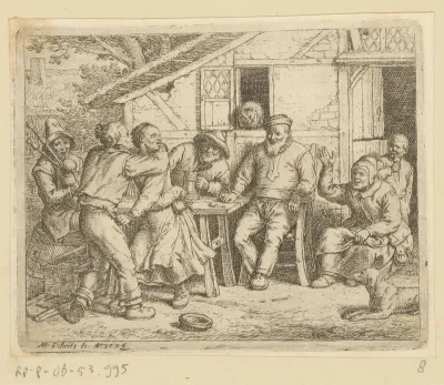 Gezelschap boeren mannen en vrouwen aan tafel voor een huis