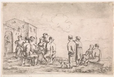 Gezelschap buiten voor een herberg