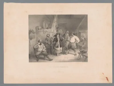 Gezelschap in een interieur met persoon in vermomming
