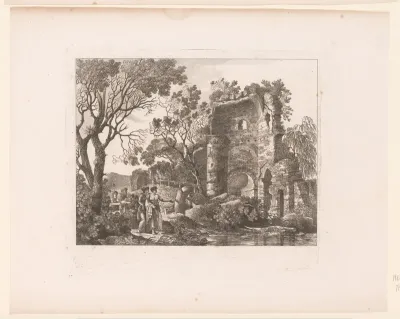 Gezelschap in een landschap met ruïnes