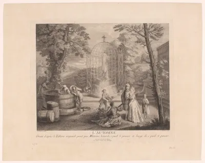 Gezelschap in een tuin met fontein en wijnpers