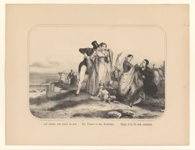 Gezelschap mannen en vrouwen op een heuvel