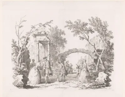 Gezelschap met astronomische instrumenten in een landschap