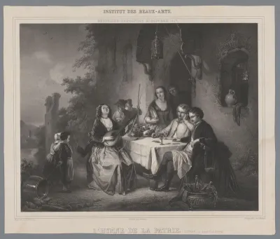 Gezelschap met musicerende vrouw aan tafel voor een herberg
