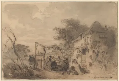 Gezelschap op terras voor herberg langs een weg