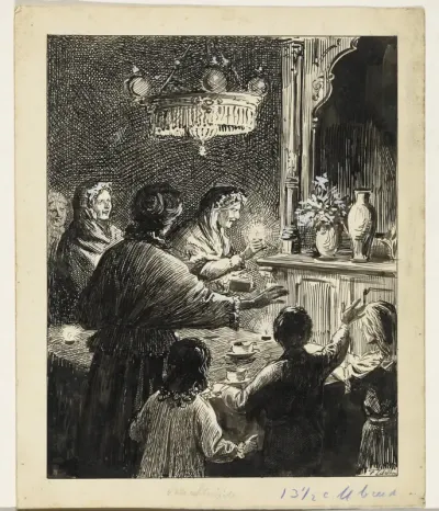 Gezelschap rond een tafel bij nacht