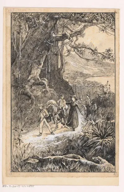 Gezelschap trekt door een landschap