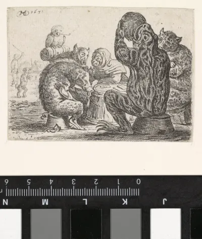 Gezelschap van dieren rond een ton