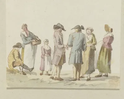 Gezelschap van drie mannen en vier vrouwen