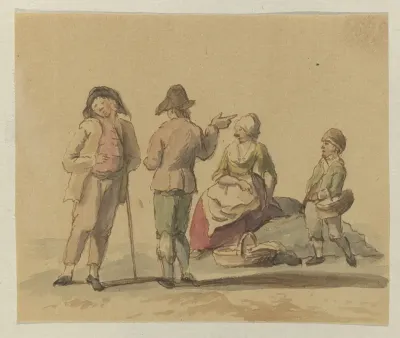Gezelschap van drie staande mannen en één zittende vrouw