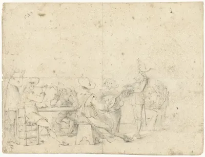 Gezelschap van drinkende, rokende en musicerende jongelui rond een tafel