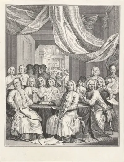 Gezelschap van geestelijken rond een tafel