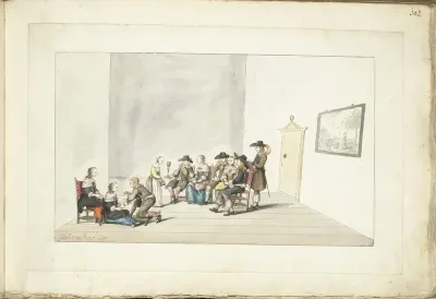 Gezelschap van tien jonge mensen in een interieur