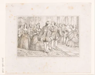 Gezelschap van welgestelde mannen en vrouwen in een rijkelijk interieur