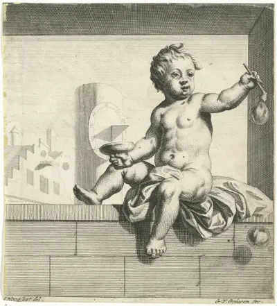 Gezeten putto die bellen blaast.