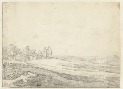 Gezicht aan de rand van de duinen, links een groepje personen
