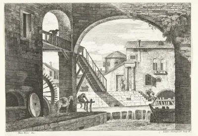 Gezicht door boog met brug bij watermolen