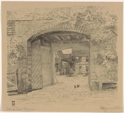 Gezicht door de poort van de Galgenmühle in Pfungstadt
