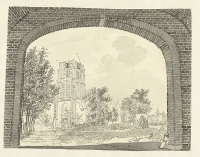 Gezicht door een poort op de kerk van Woudrichem