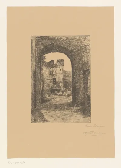 Gezicht door een poort van de ruïne van Burcht Rheinfels