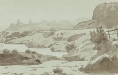 Gezicht in de romeinse Campagna met op de voorgrond een rivier