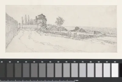 Gezicht in de vlakte van een landweg met een enkel huis