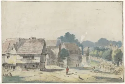 Gezicht in een dorp met huizen met vakwerk