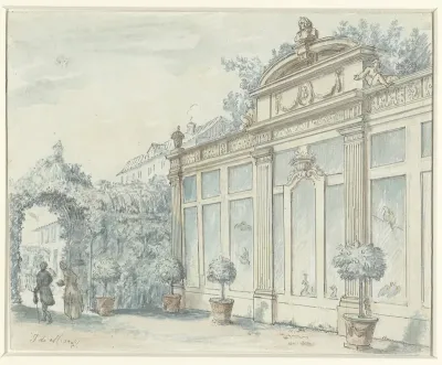 Gezicht in een Franse tuin met heer en dame