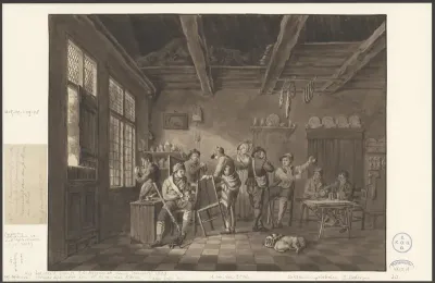 Gezicht in een herberg met pratende en drinkende mensen