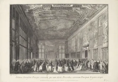 Gezicht in een paleiszaal met buitenlandse delegatie op audiëntie bij de Doge