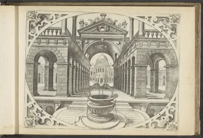 Gezicht in een straat met colonnades aan weerszijden en een waterput op de voorgrond