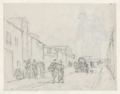 Gezicht in een straat met voetgangers en een wagen