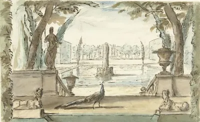 Gezicht in een tuin met een vijver, een fontein en een pauw