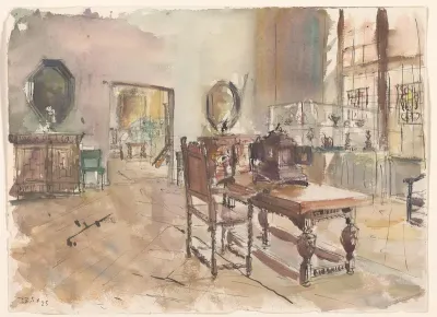 Gezicht in een zaal van het Rijksmuseum: tafel, kasten en vitrines