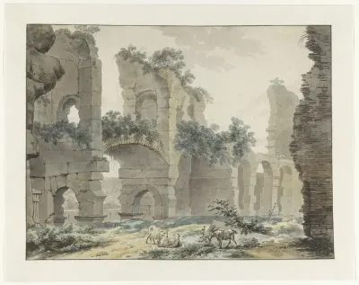 Gezicht in het Colosseum met op de voorgrond een herder met vee