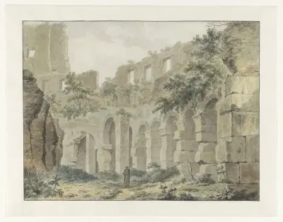 Gezicht in het Colosseum met op de voorgrond een monnik