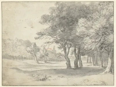 Gezicht in het Haagse Bos, met in de verte de Grote Kerk van Den Haag