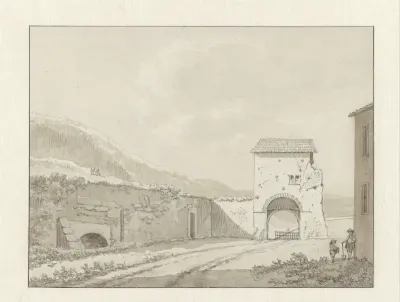 Gezicht in Rome, bij kerk van S. Paolo alle Tre Fontane, buiten de Porta San Paolo