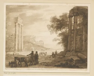Gezicht in Rome met drie zuilen van de Tempel van Jupiter Stator en het Colosseum