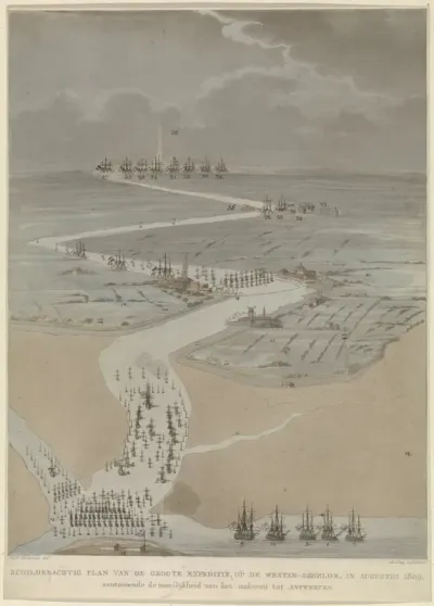 Gezicht in vogelvlucht op de Westerschelde met Engelse, Hollandse en Franse vloten, 1809